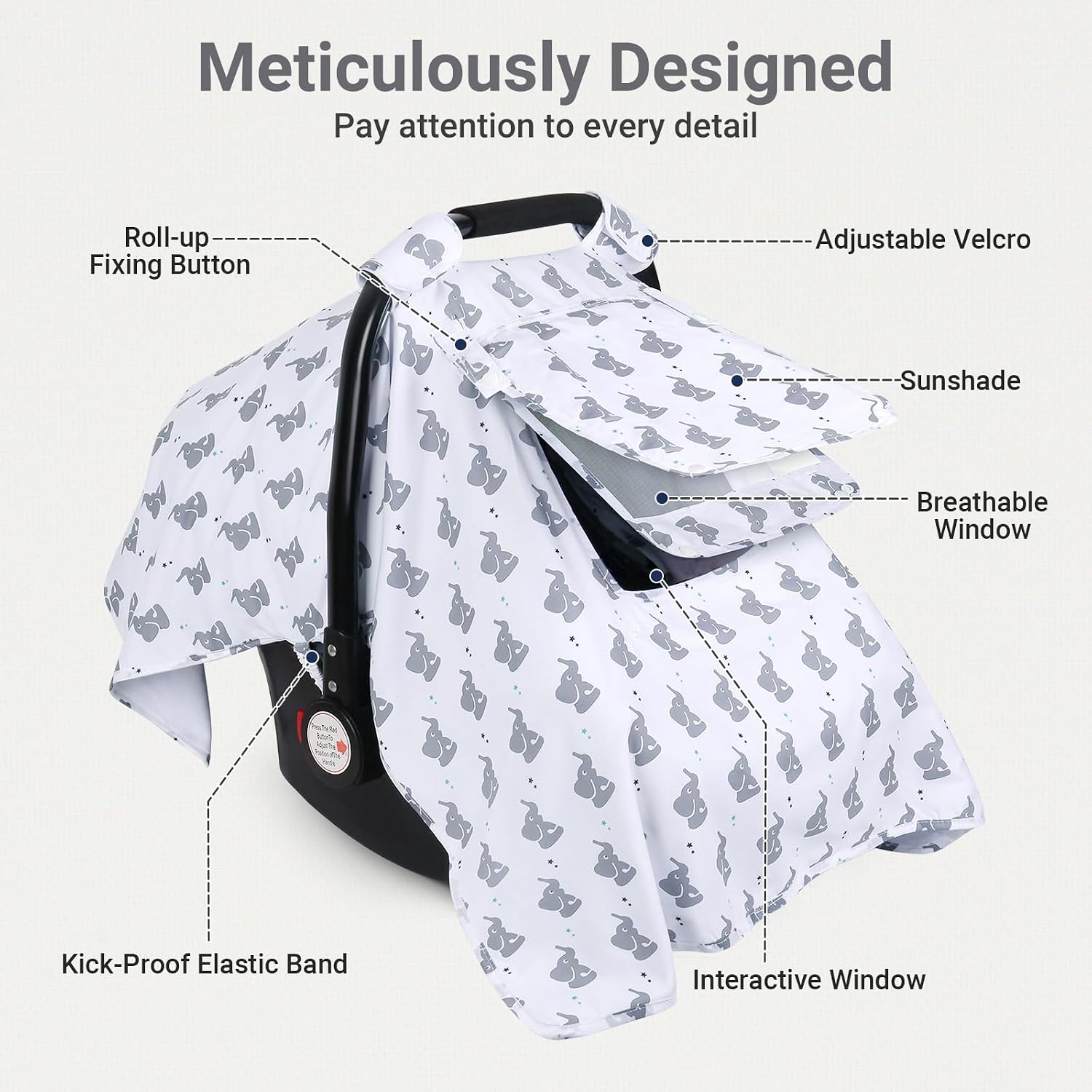 Car Seat Cover Baby Girl Boy, Elephant Carseat Covers Infant Car Seat Canopy, 2 Layers Window with Breathable Mesh/Fabric, Kick-Proof Stroller Sun Shade, 40" x 30" Universal Large Size