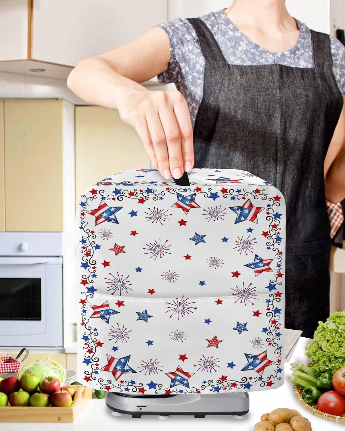 4th of July Stand Mixer Cover with Storage Pocket, Waterproof Kitchen Mixer Covers, Independence Day Blue Red Star Firework Kitchen Appliance Dust Cover Compatible with 5-8 Quart Mixers