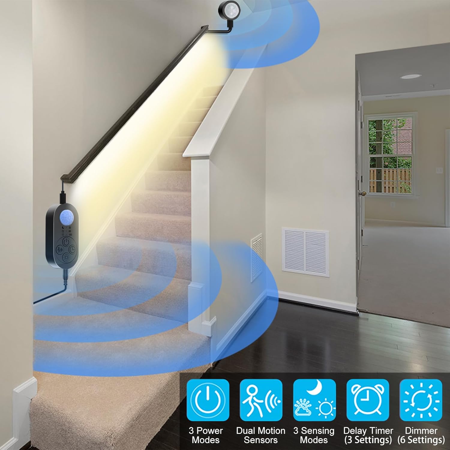 Dual Sensor Stair Light Strip, Double Motion Activated Sensor LED Strip Light for Stairway (Warm White 3000K (32.8FT Light Strip), Power Adapter + 16.4FT DC Cable)