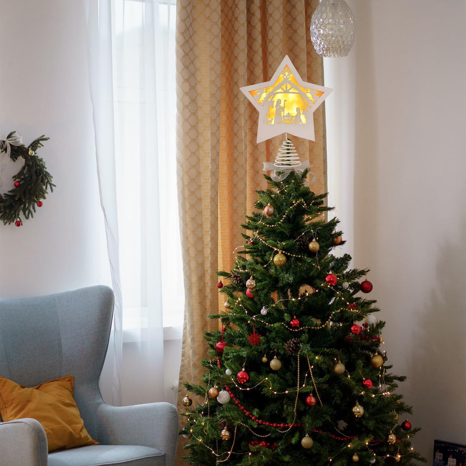 GHOSTMAGIC Étoile pour cime de sapin de Noël - 20 x 23,5 cm - Étoile en bois avec 3 modes d'éclairage LED - Décoration pour Noël, bar, boutique, bureau, décoration d'intérieur (blanc)