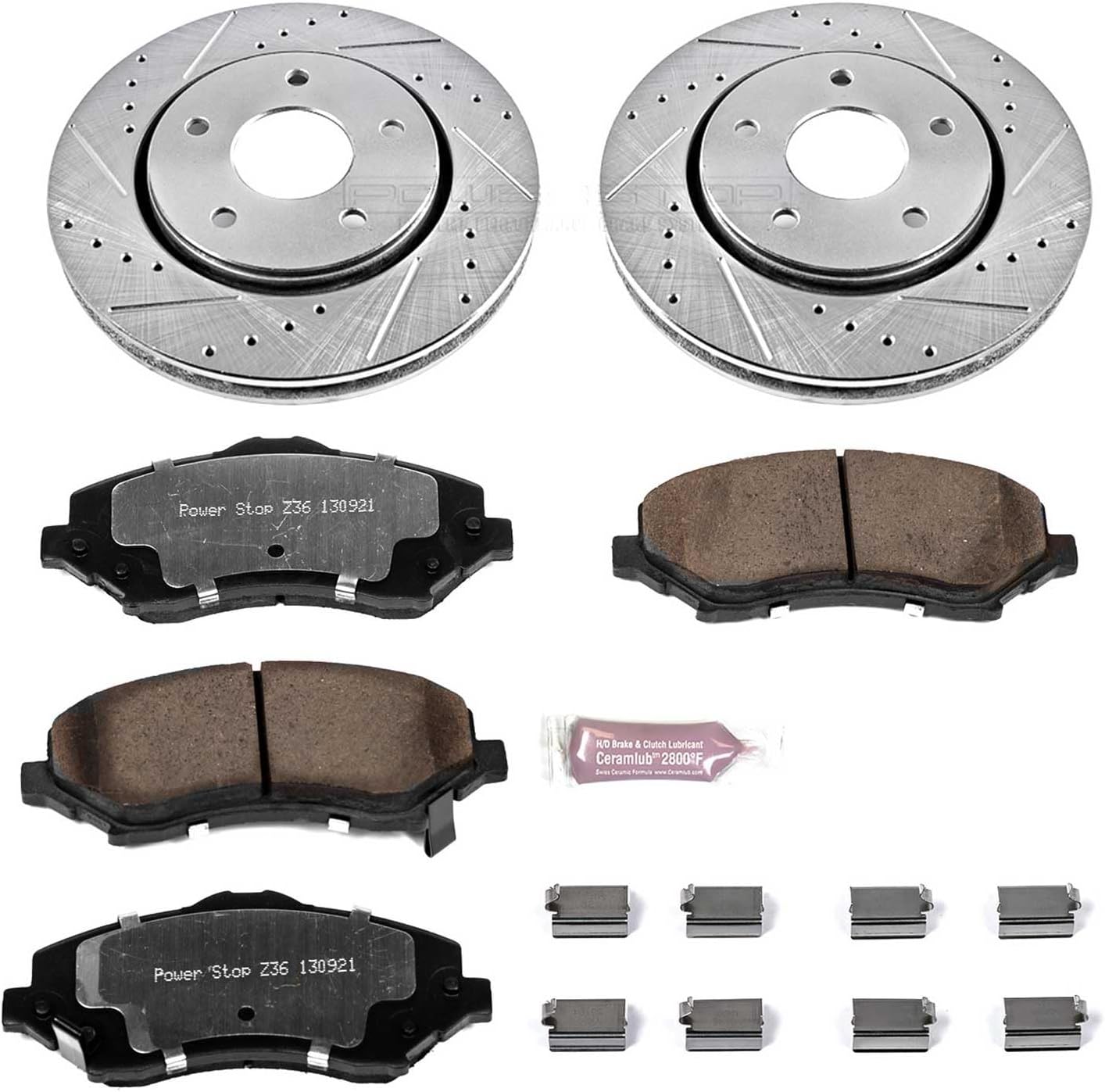 PowerStop Front Brake Kit For Chrysler Town & Country 2008-16 |Dodge Grand Caravan 2008-16 - Truck & Tow Carbon Fiber Ceramic Brake Pads + Drilled & Slotted Rotors Upgrade, K3118-36