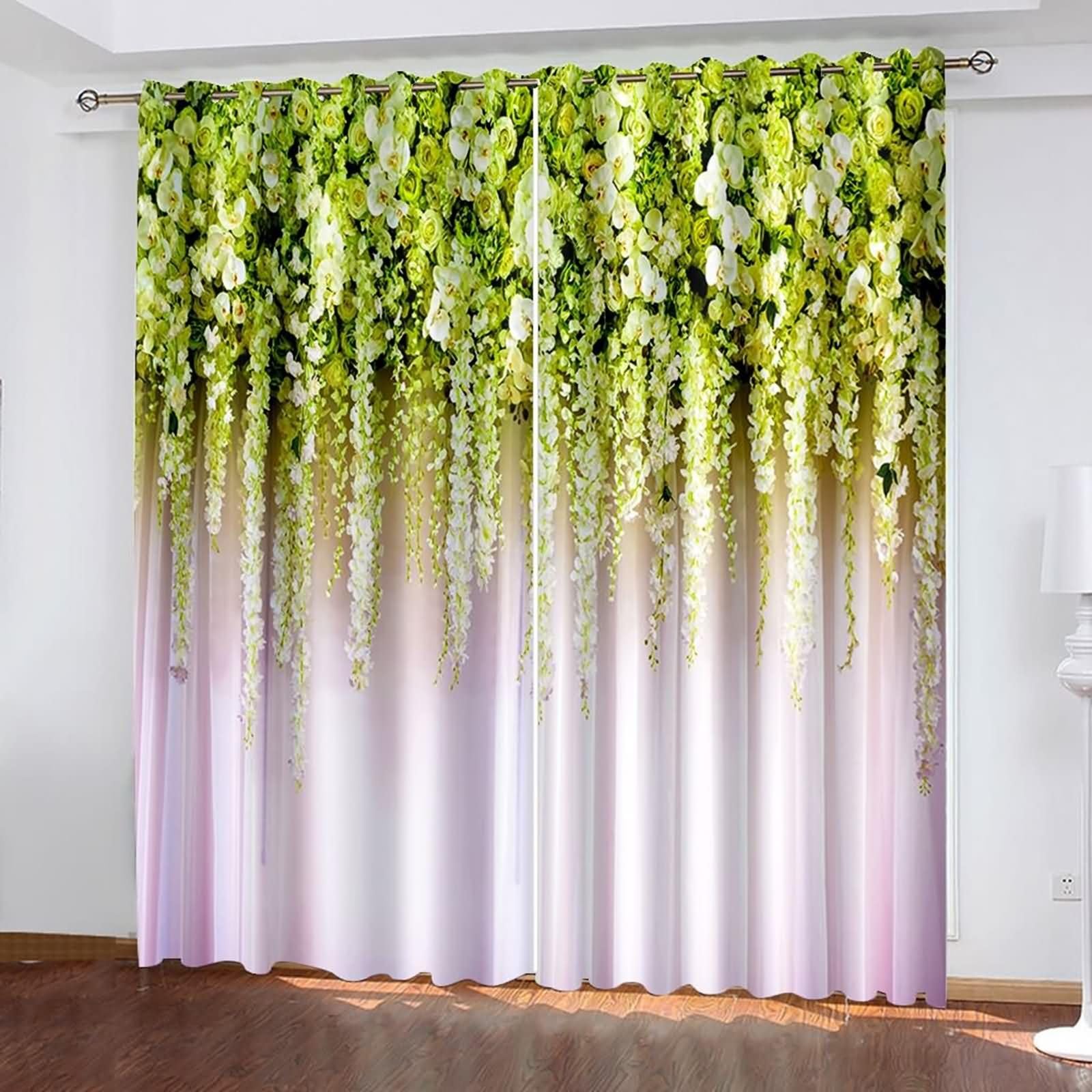 2er Pack Vorhänge Blickdicht Thermo,2 x 102W x 138H cm,Vorhänge mit Ösen Blumen und Blätter Muster Grün Beige Gardine Vorhang für Schlafzimmer