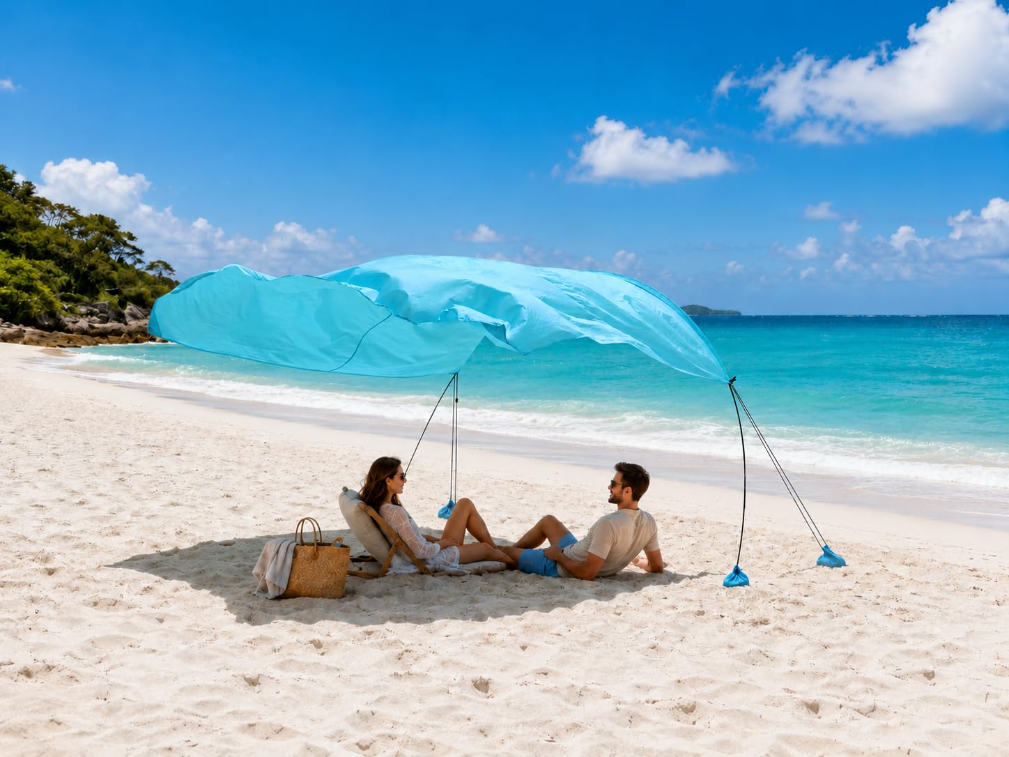 3m x 3m Beach Canopy Sun Shelter, Lightweight Beach Tent with Pre-Attached Sandbags & Thick Wind Ropes, Easy Setup Portable Beach Shade for Family, Garden & Outdoor (Blue, 3m × 3m)