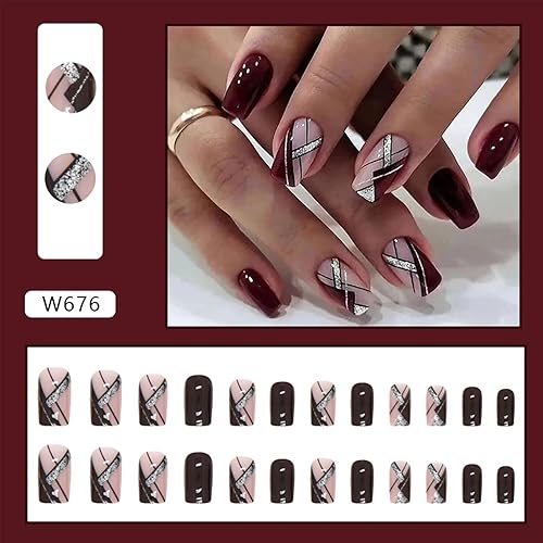 Miniatura 5 de Uñas postizas medianas a presión rojas, uñas cuadradas con pegamento, uñas postizas color rojo vino con diseño de líneas plateadas con purpurina