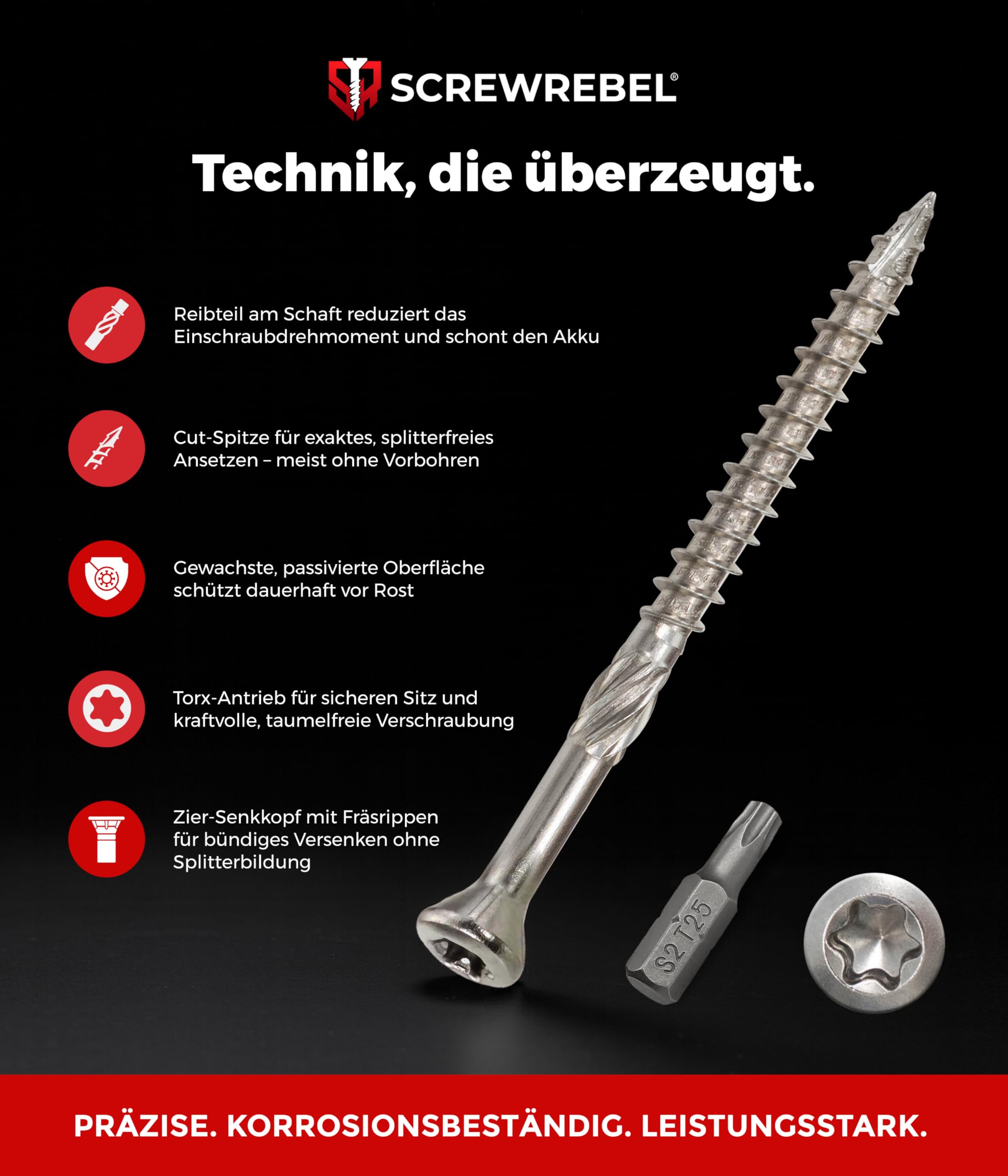 SCREW REBEL Terrassenschraube ST-FIX Edelstahl C1 5,0 x 60mm - 500 Stück inklusive S2-Bit, TX 25, Zier-Senkkopf, Schaftfräser, Sägezahn Gewindeschliff, Cutspitze, Dielenschraube gewachst