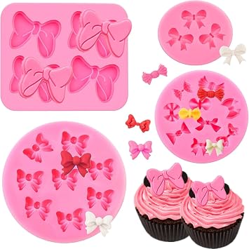Puyeipt 4 Pcs Bow Silicone Mold, Mini Bows Fondant Molds, Chocolate Candy Silicone Molds for Cupcake Topper, Cake Pop Decoration and Clay Craft Making