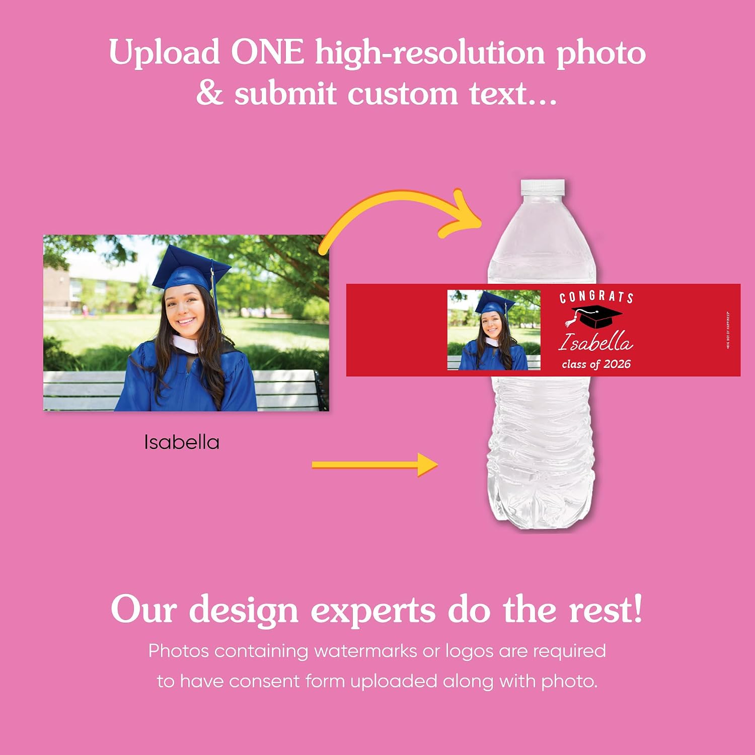 Big Dot of Happiness 20 Red Personalized Graduation Water Bottle Labels, Custom Photo & Name, Class of 2026 Grad Party Favors, Set of 20 Waterproof Water Bottle Sticker Labels