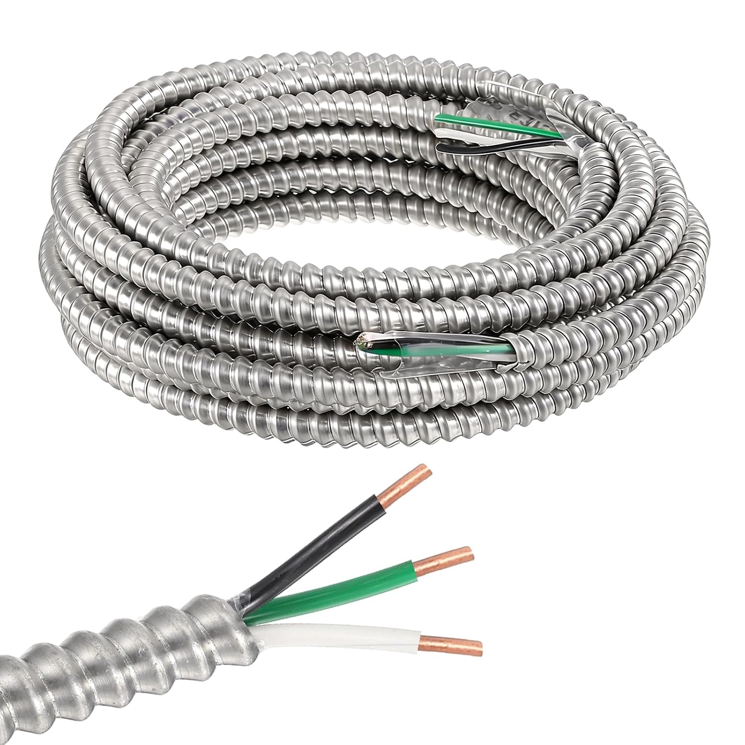 MECCANIXITY 12/3 Metal Clad (MC) Cable with Ground, Metal Clad Cable Electric Wire with Aluminum Armored Solid Bare Copper Conductors for Indoor, Outdoor, Embedded Installation(100ft,12 Gauge)