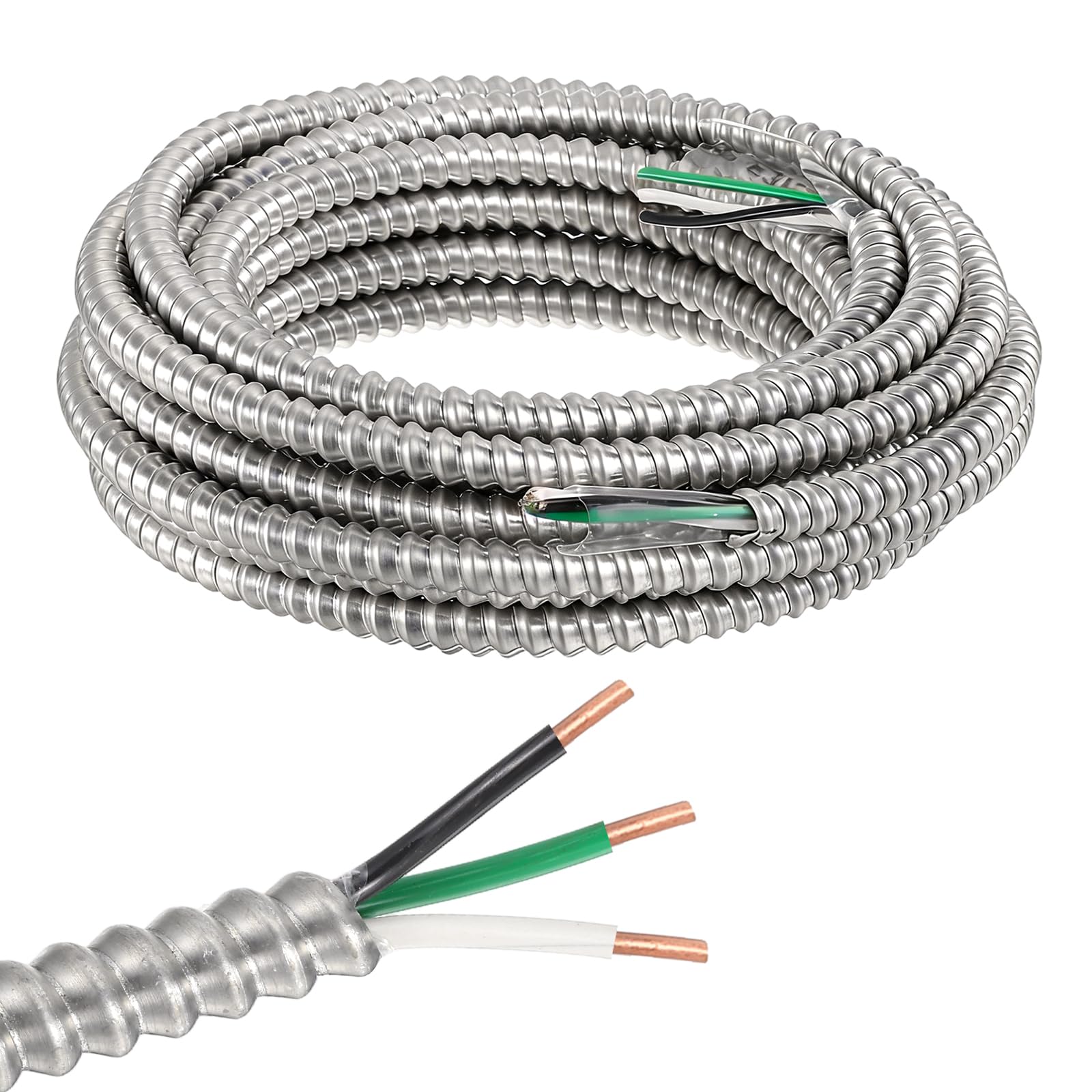 sourcing map 12/2 Metal Clad (MC) Cable with Ground,Metal Clad Cable Electric Wire with Aluminum Armored Solid Bare Copper Conductors for Indoor,Outdoors,Embedded Installation(25ft,12 Gauge)