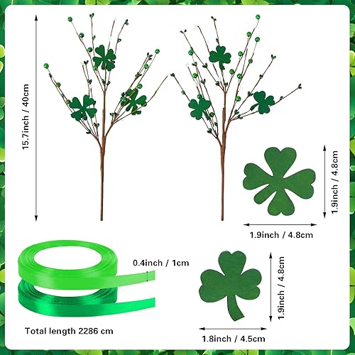 Miniatura 2 de JUNEBRUSHS Decoraciones del día de San Patricio, paquete de 6 palillos de trébol artificiales, ramas de bayas en forma de trébol con 2 rollos de
