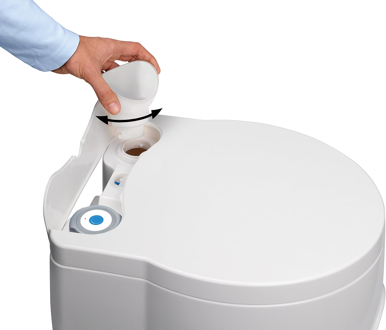 Hand filling the fresh water tank of the Porta Potti Curve