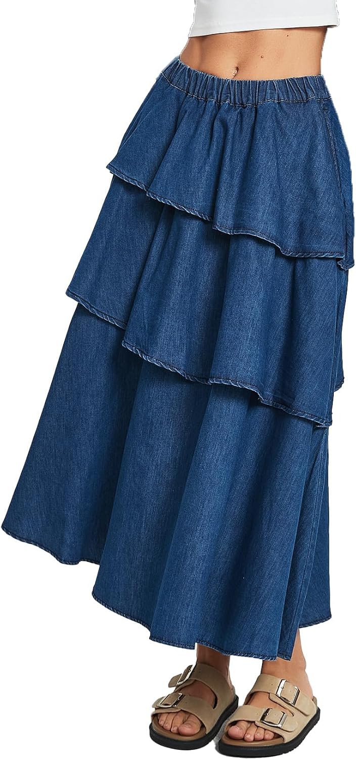 Ladyful Denim Maxi Skirt for Women High Waist Long Midi Jean Skirt Asymmetric Ruffle Layered A-line Western Outfits