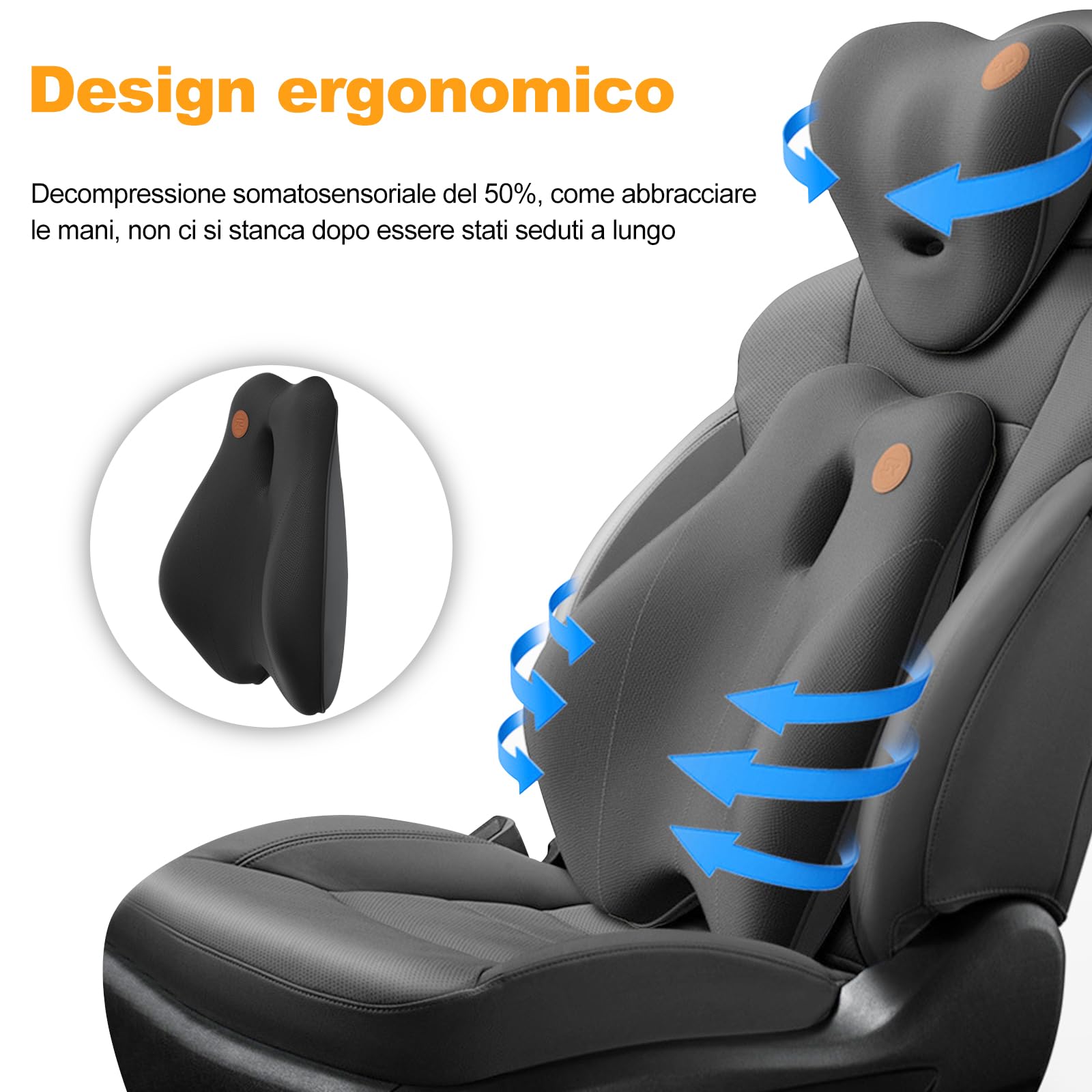 Ergocar Cuscino per Il Collo e Cuscino Lombare per Sedia da Ufficio/Auto/Gioco, Traspirante Memory Foam Cuscino Cervicale e Cuscino Lombare Supporto, Nero (Nessuna funzione di massaggio)