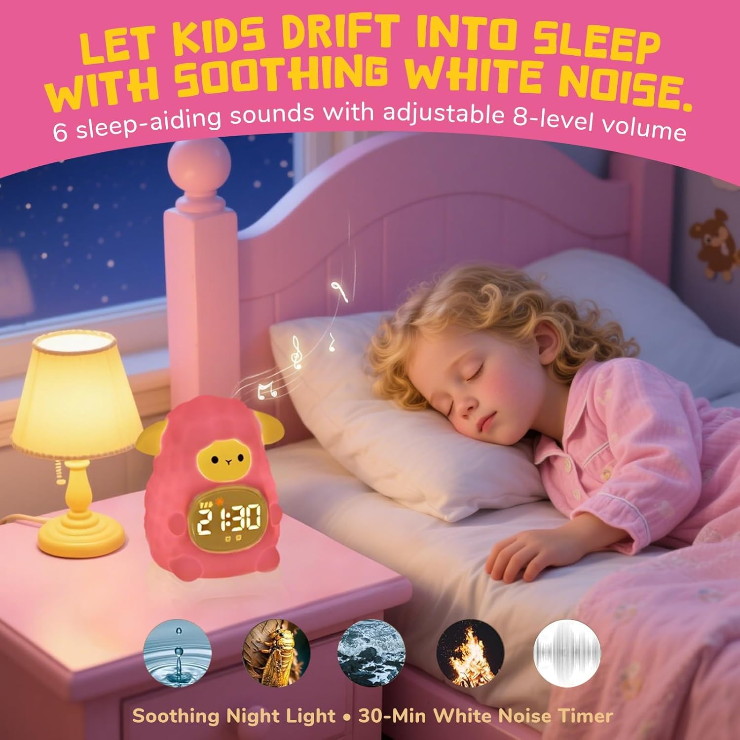 A child sleeping peacefully in bed with the TCJJ alarm clock on a nightstand. Below are icons representing different white noise sounds like water drops, ocean waves, and white noise.