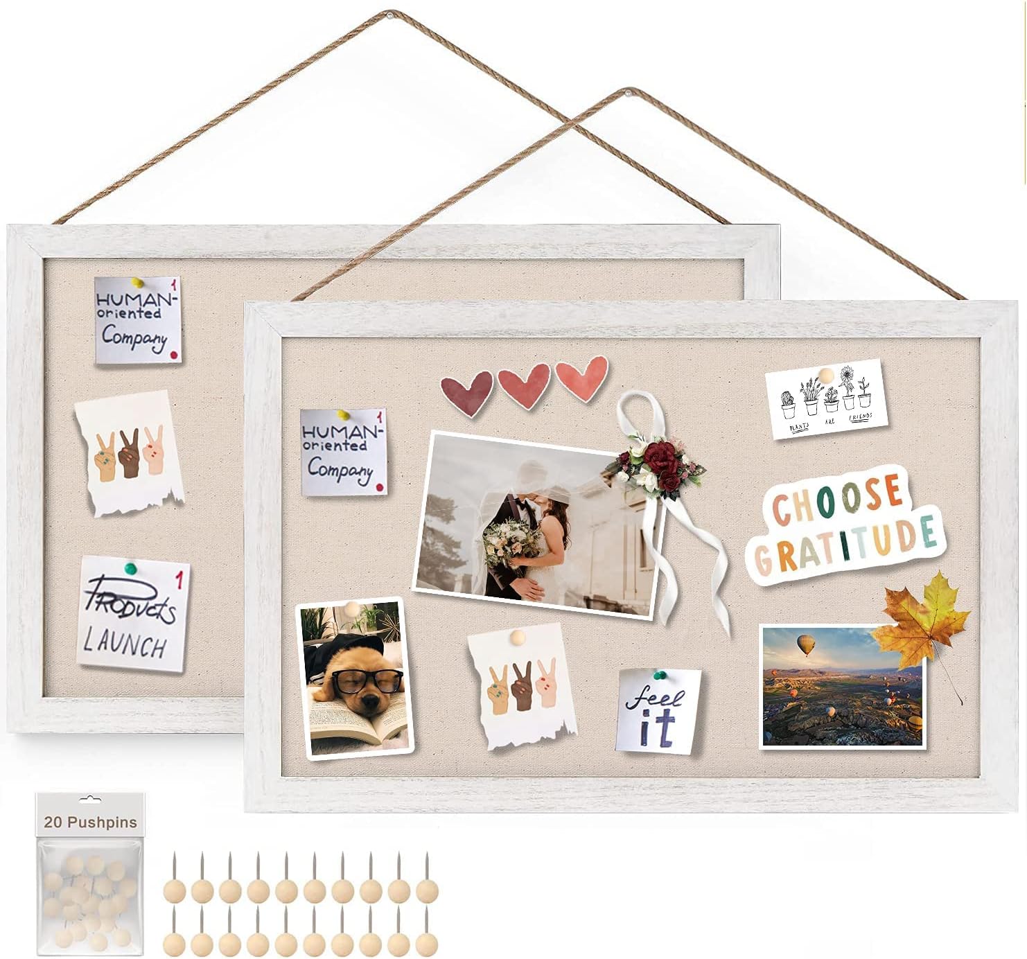 Emfogo 16x11 Wood Bulletin Boards with Linen Wall Bulletin Board for Home Kitchen Office Decorative Hanging Pin Board Frame Cork Board Light for Bedroom Pack of 2