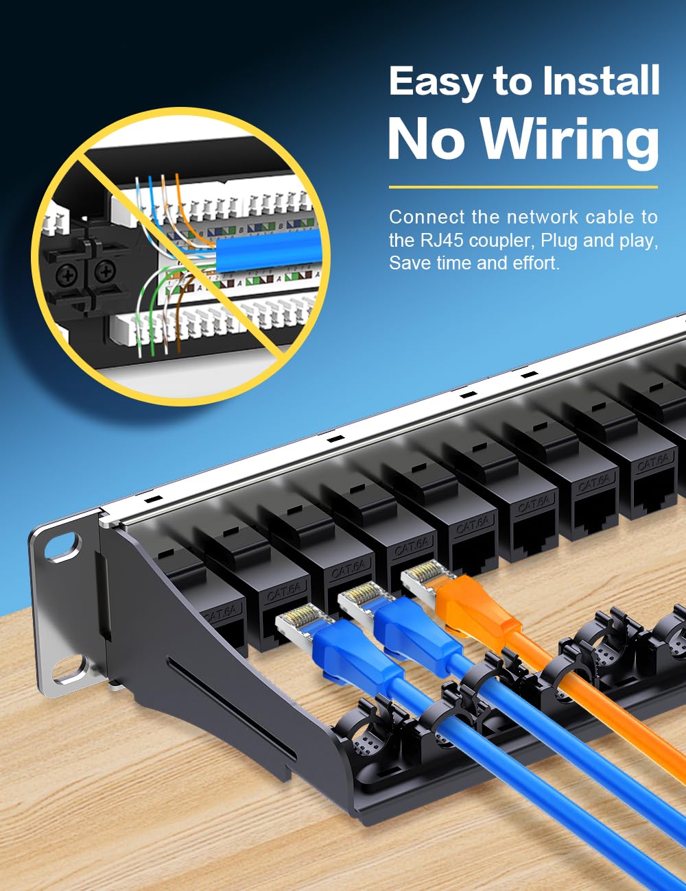Panneau de brassage 1U 12 ports Cat6a Keystone Panneau de brassage réseau blindé avec câble intelligent (pas d'attache de câble nécessaire) Gestion pour rack de 25,4 cm