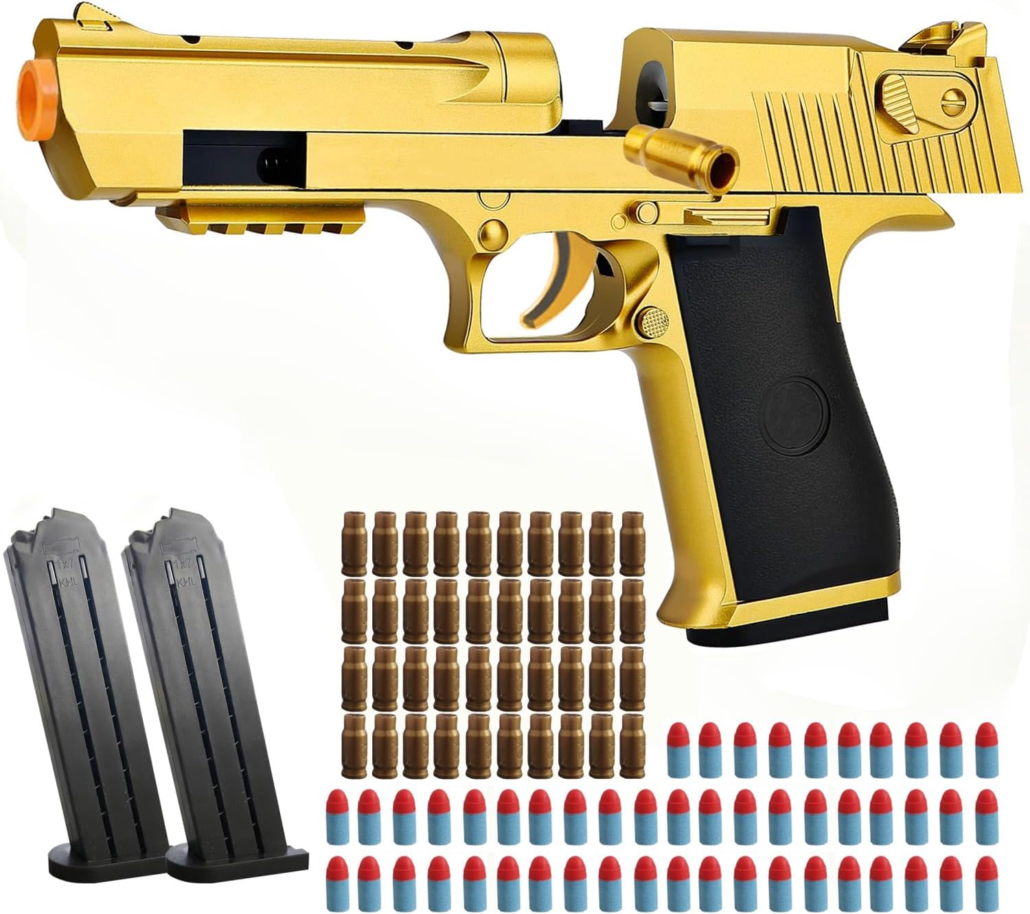 SCIERLOL Gold Shell Ejecting Toy Gun - Realistic Foam Pellet Pistol with Magazines, Bullets & Shells for Ages 14+