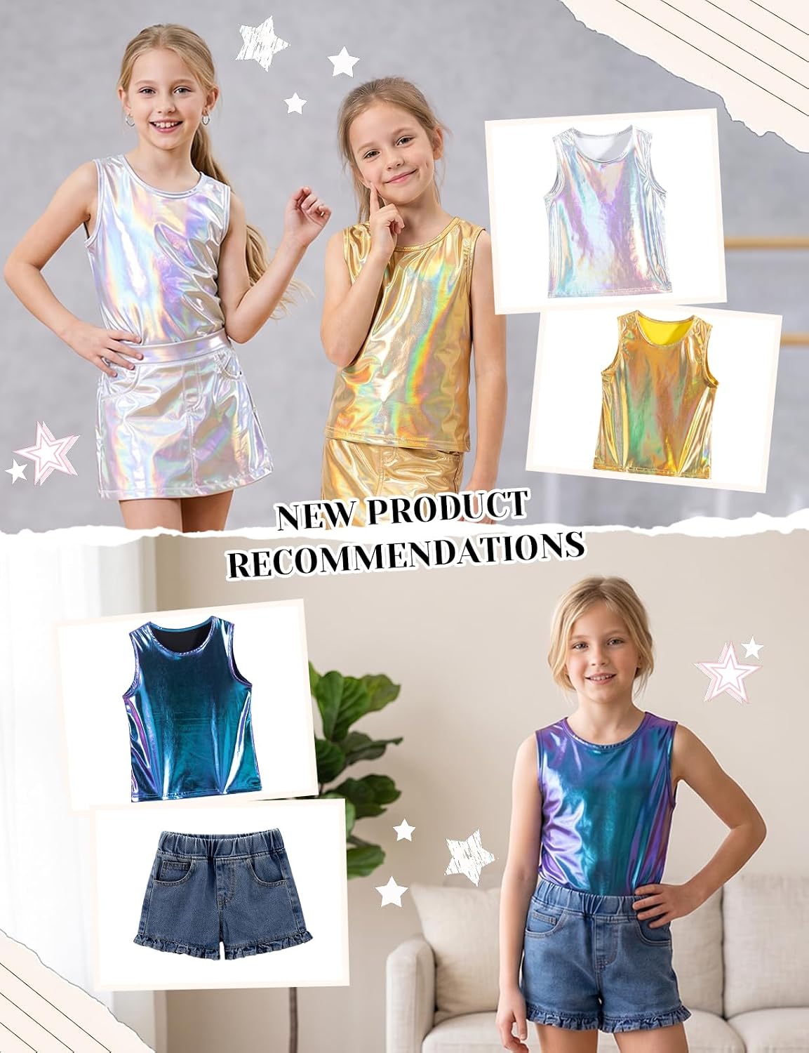 Spring&Gege Girls Metallic Tank Tops Sleeveless Sparkly Glitter Dance Party Shirts