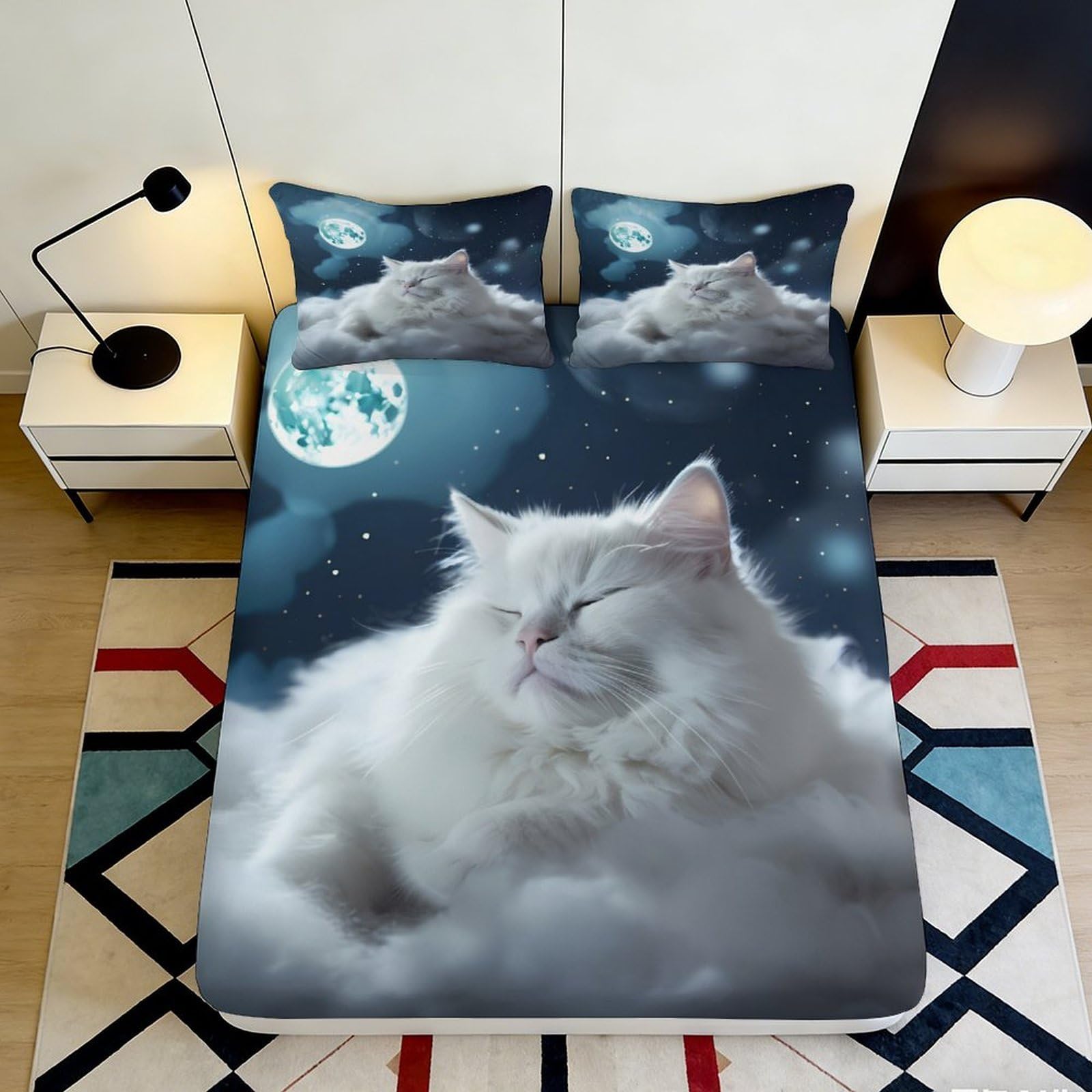 3D Printed Moonlight Cat Fitted Sheet Microfiber Anti-Slip Bed Cover for Bedroom Guest Room Mattress Protection Decor 90x200x25cm