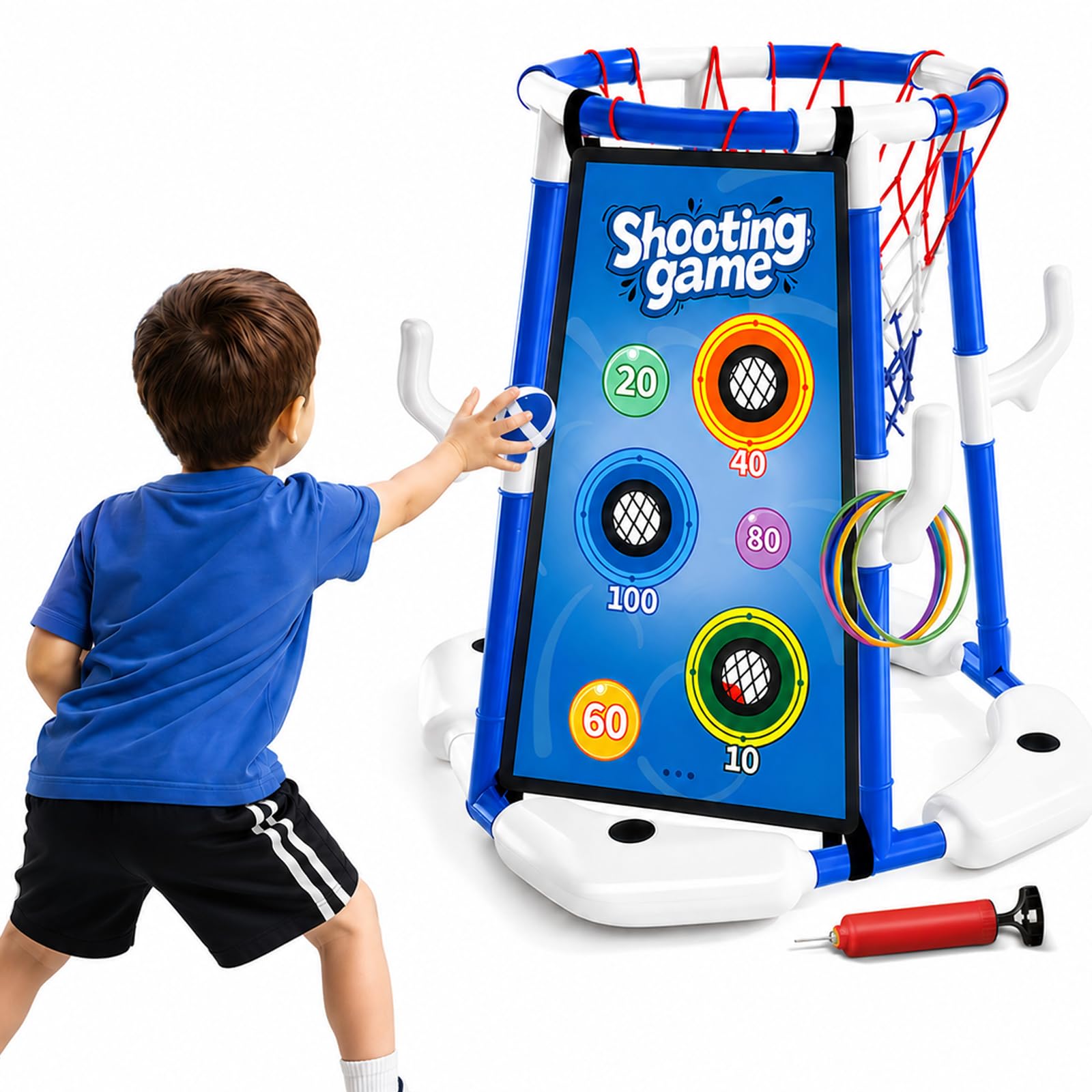 Sternstunde Pool Basketballkorb Kinder mit 4 Basketballs, 12 Wurfringen, 12 Klebebällen und 2 Veloursstoffen, Wasserspielzeug Kinder Outdoor & Pool Spielzeug