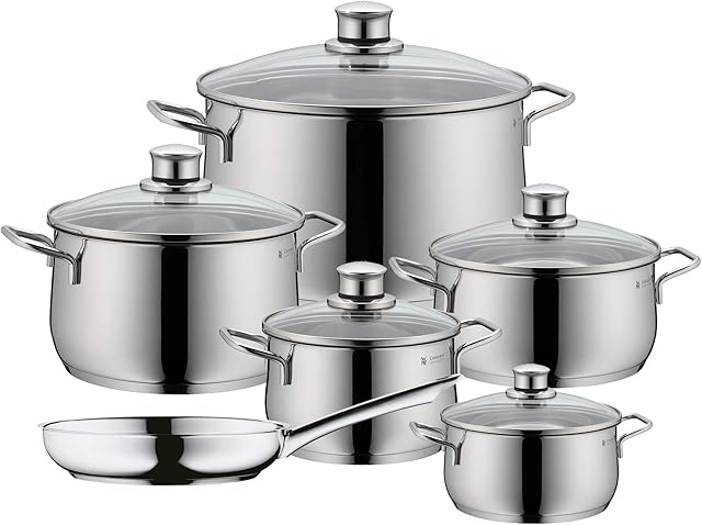 WMF 730026040 Pot Set 6-Piece Diadem Plus Pouring Rim Glass Lid Cromargan® Stainless Steel Polished Suitable for Induction Hobs Dishwasher-Safe , Silver , 61 x 33.5 x 27.5 cm
