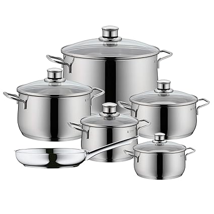 WMF 730026040 Pot Set 6-Piece Diadem Plus Pouring Rim Glass Lid Cromargan Stainless Steel Polished Suitable for Induction Hobs Dishwasher-Safe, Silver, 61 x 33.5 x 27.5 cm