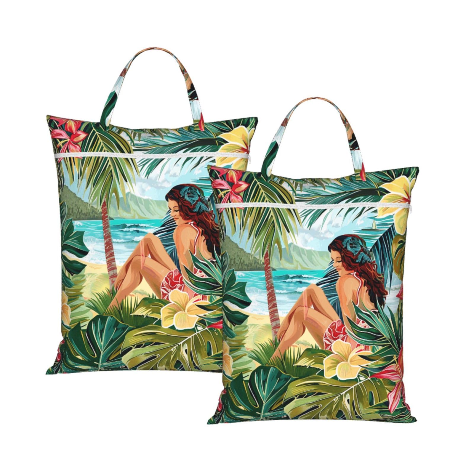 Large Travel Laundry Bags,summer hawaiian art Print with Handle Foldable Laundry Bag for Holidays Gym Swimming and Family Trips, 2Pcs