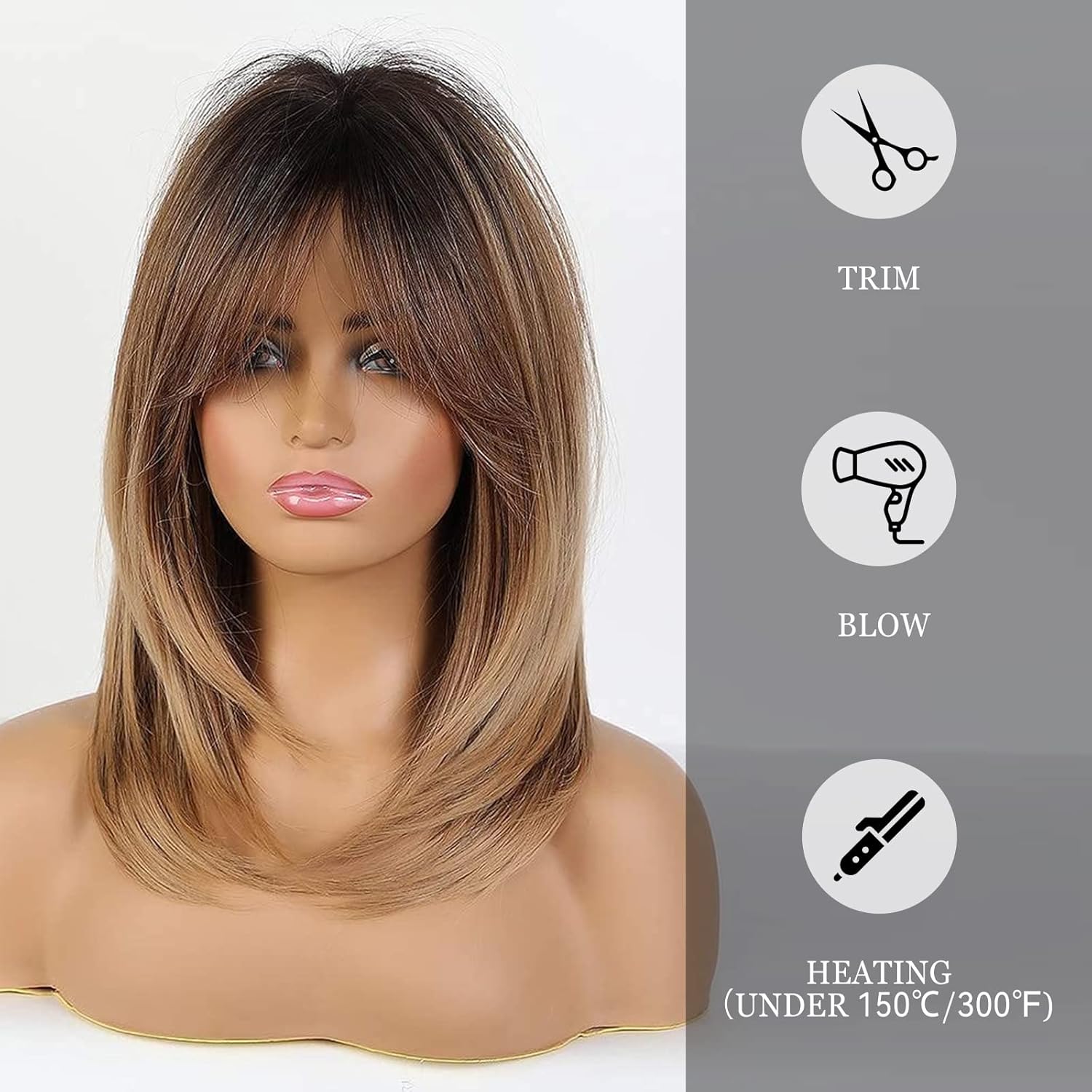 Alanhair Ombre Brown Wigs for Women,Shoulder-Length Layered Wigs with Bangs Heat Resistant Synthetic Fibre Wigs - Image 4