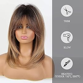 Alanhair Ombre Brown Wigs for Women,Shoulder-Length Layered Wigs with Bangs Heat Resistant Synthetic Fibre Wigs