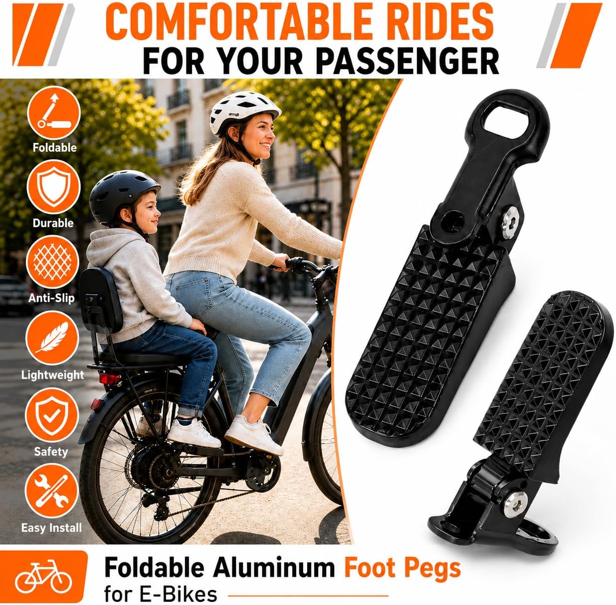 Ebike Passenger Foot Pegs with Mounting Bolts for Ridstar Q20, Lectric XP4, Foldable Non-Slip Sturdy Aluminum Pedals Set Footrests for E-Bike, Dirt Bike, Mountain Bike, and Motorcycle Scooter