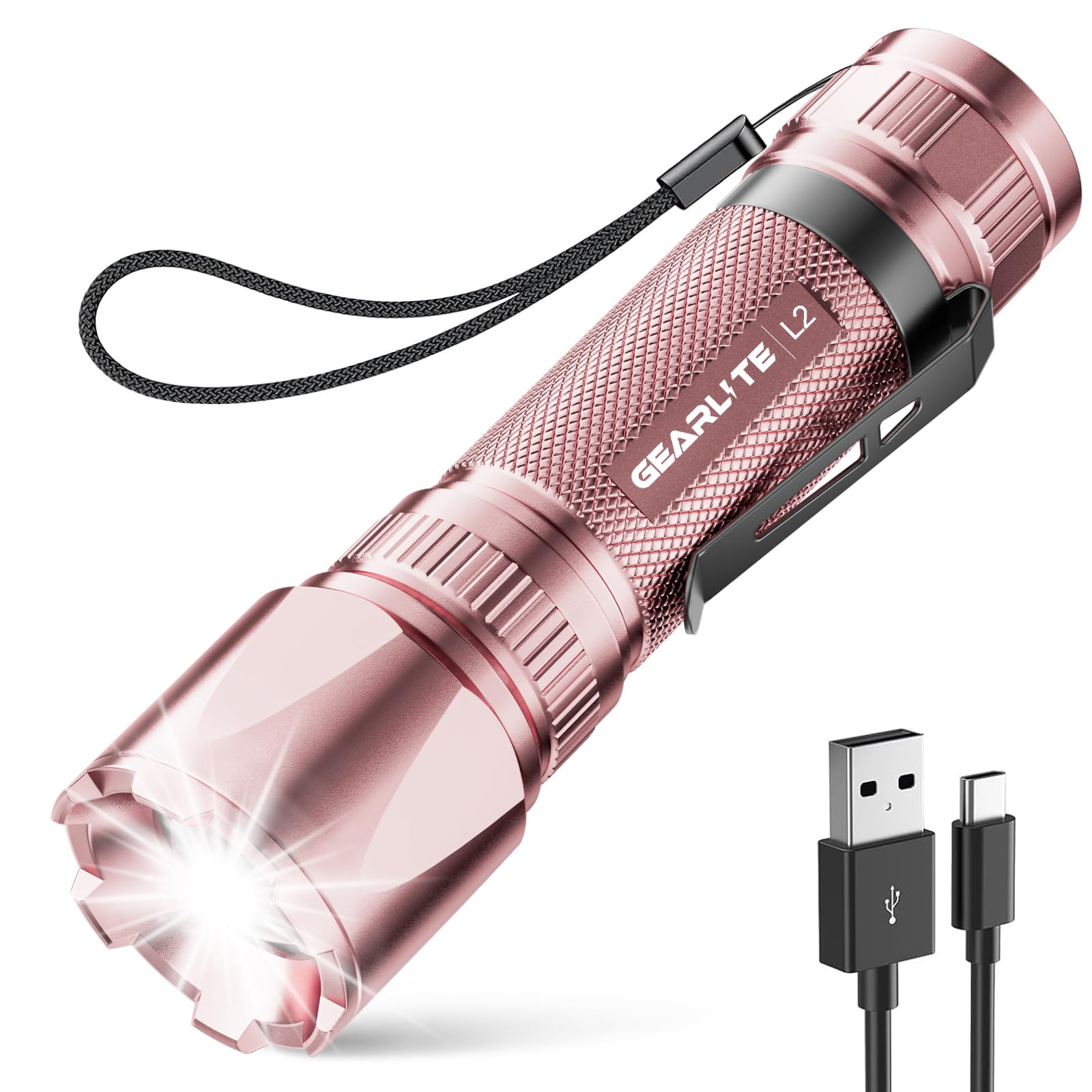 GEARLITE LED Torch Rechargeable, 3500LM Torches LED Super Bright with Clip Adjustable Focus, 3 Lighting Modes Waterproof Small Torch for Power Cuts, Emergency, Camping, Hiking, Outdoor(Pink)