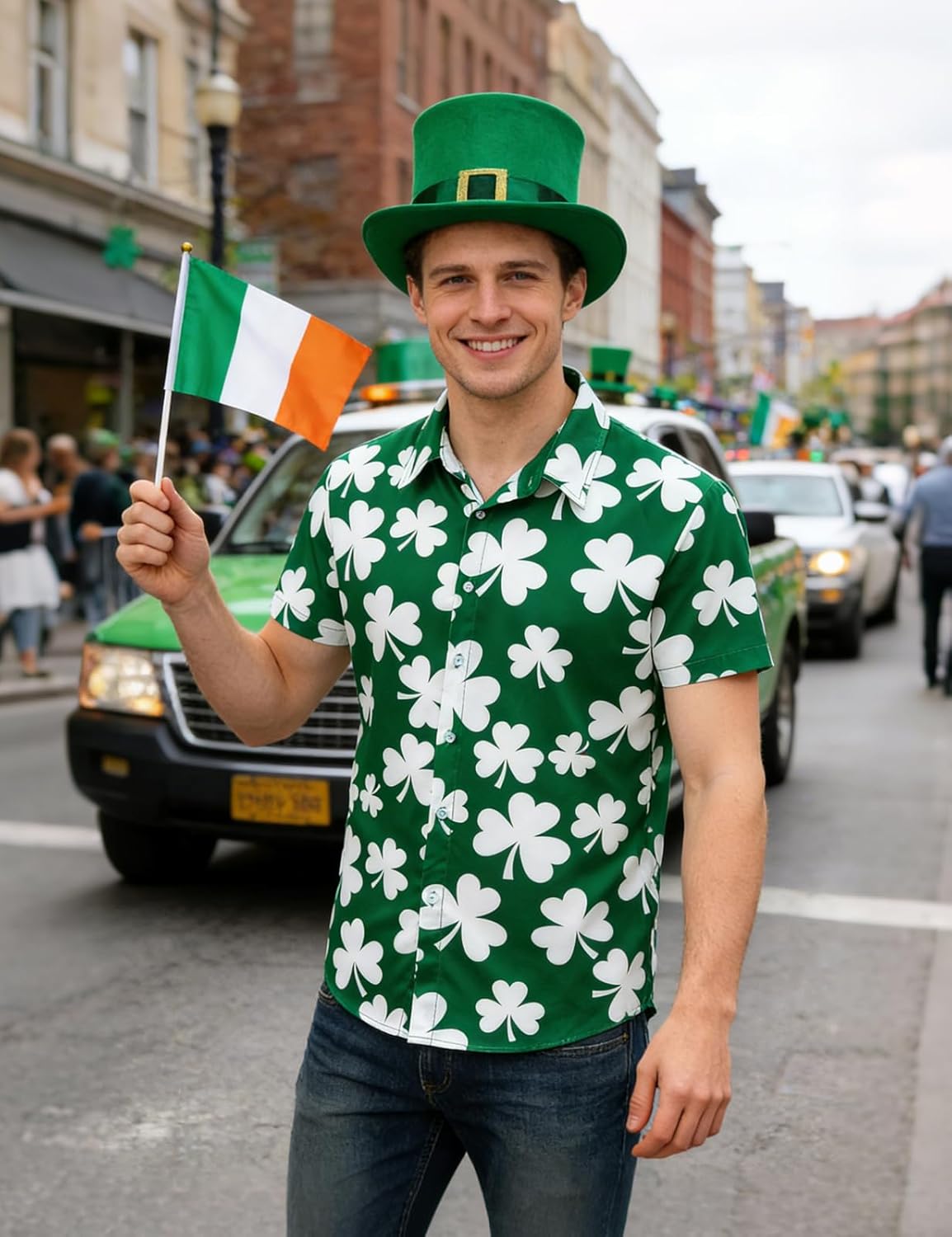 LINOCOUTON Men's St Patrick's Day Shamrock Printed Button Down Shirt - Image 2