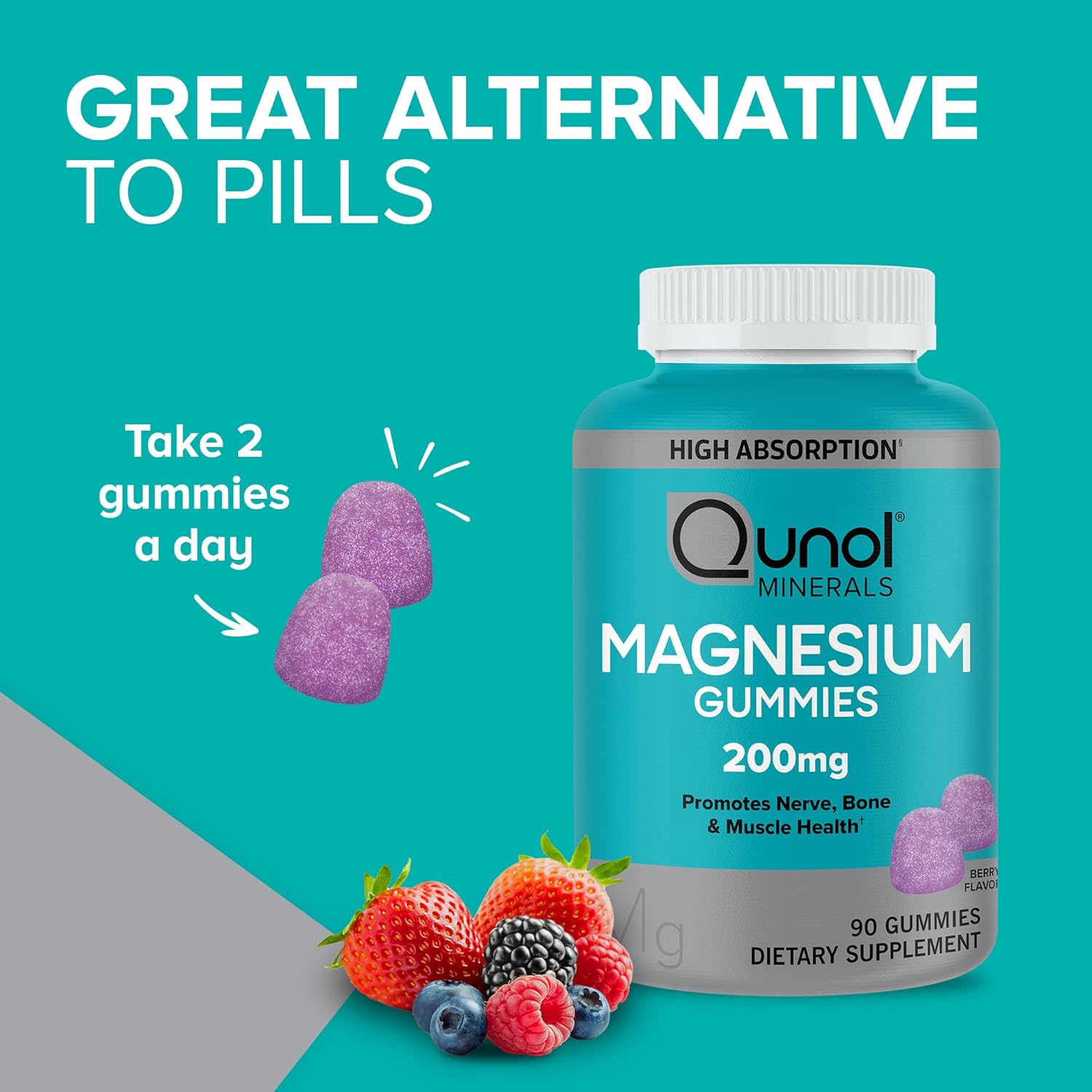 Qunol Magnesium Gummies for Adults, 200mg Magnesium Citrate High Absorption Supplement, Supports Nerve/Bone Health, Muscle Health, Vegetarian, 90 Count