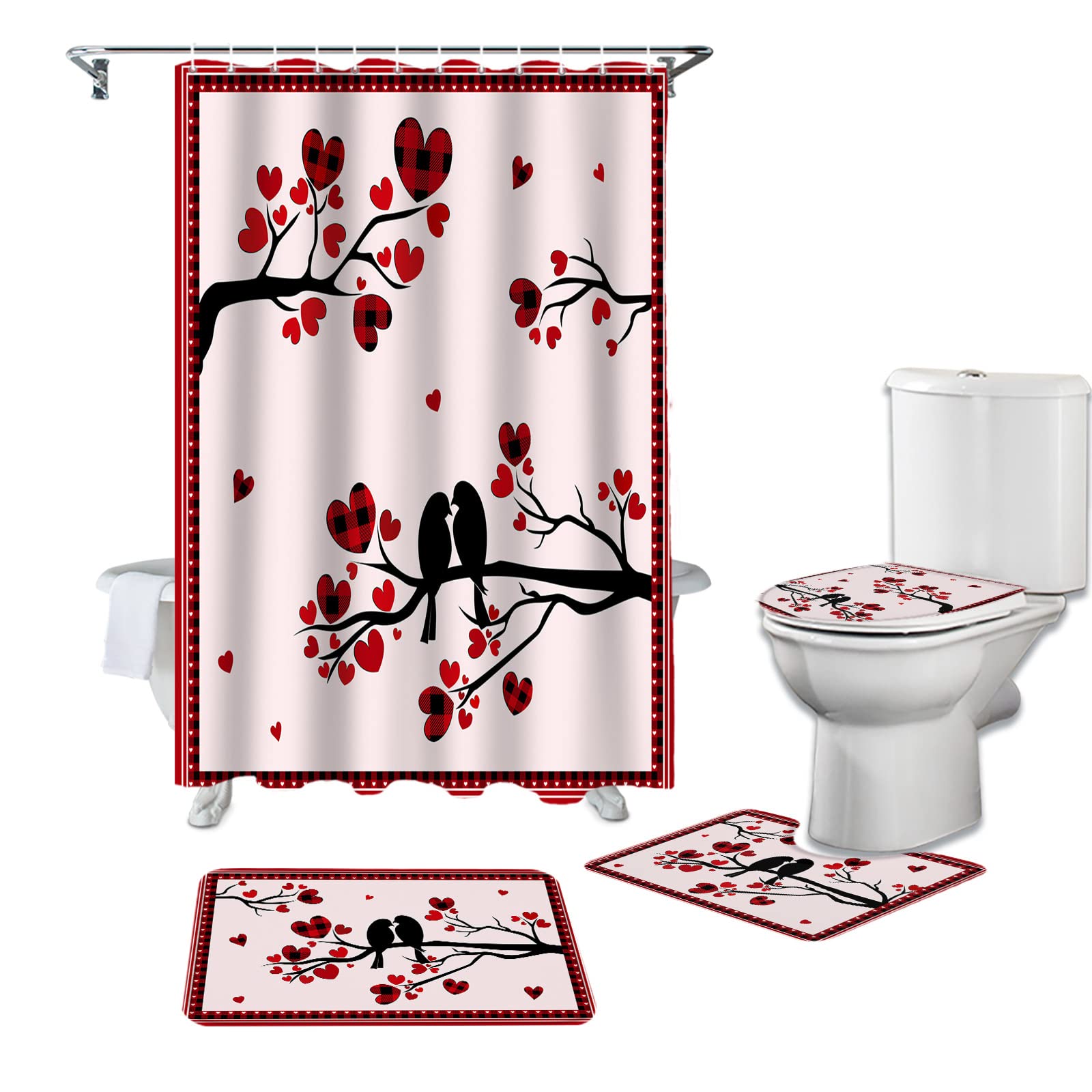 BestLives Valentine Shower Curtain Sets with Rugs Love Bird Tree Branch Non-Slip Soft Toilet Lid Cover for Bathroom Red Plaid Heart Bathroom Sets with Bath Mat and Hooks