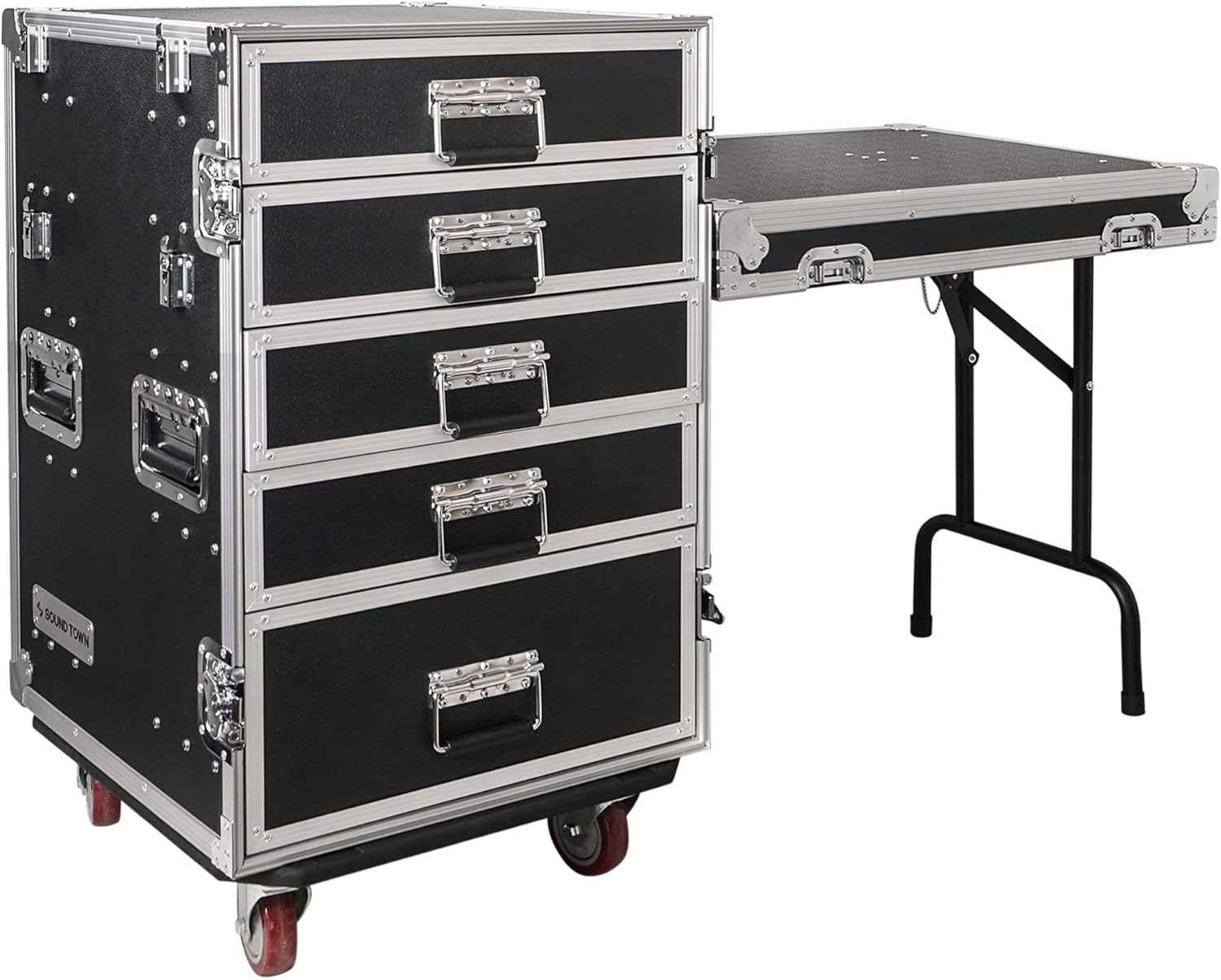 Sound Town Enhanced Thickness 1/2" (12mm) Plywood Road Case with 5-Drawer and Table for Customizable Stage and Studio Utility Equipment Storage, Pro Tour Grade (STRC-PROWT5D)