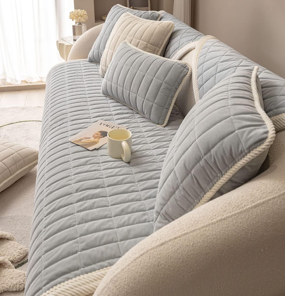 vctops Velvet Plush Plaid Quilted Sofa Cover Super Soft Non Slip Sectional Couch Cover Farmhouse Fluffy Fuzzy Sofa Slipcover Furniture Protector for Dogs Cats Pet (Grey,43"x43")