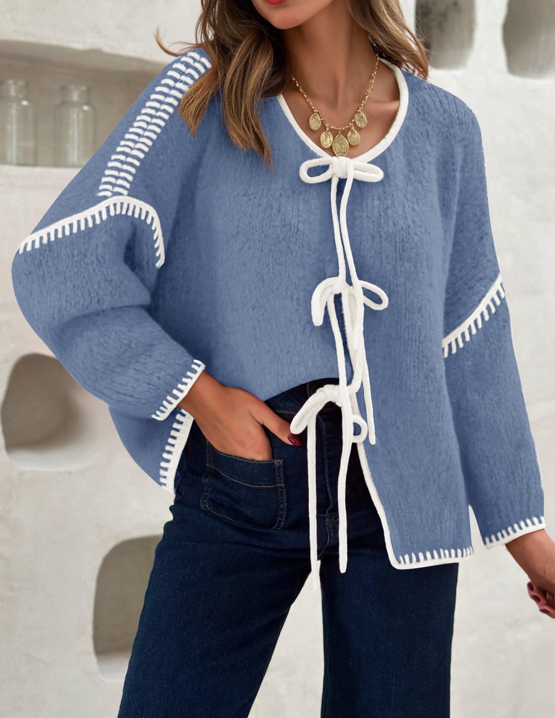 ZESICA Crdigans for Women Trendy 2026 Tie Front Bow Sweaters Casual Long Sleeve Winter Clothing Coats - Image 9