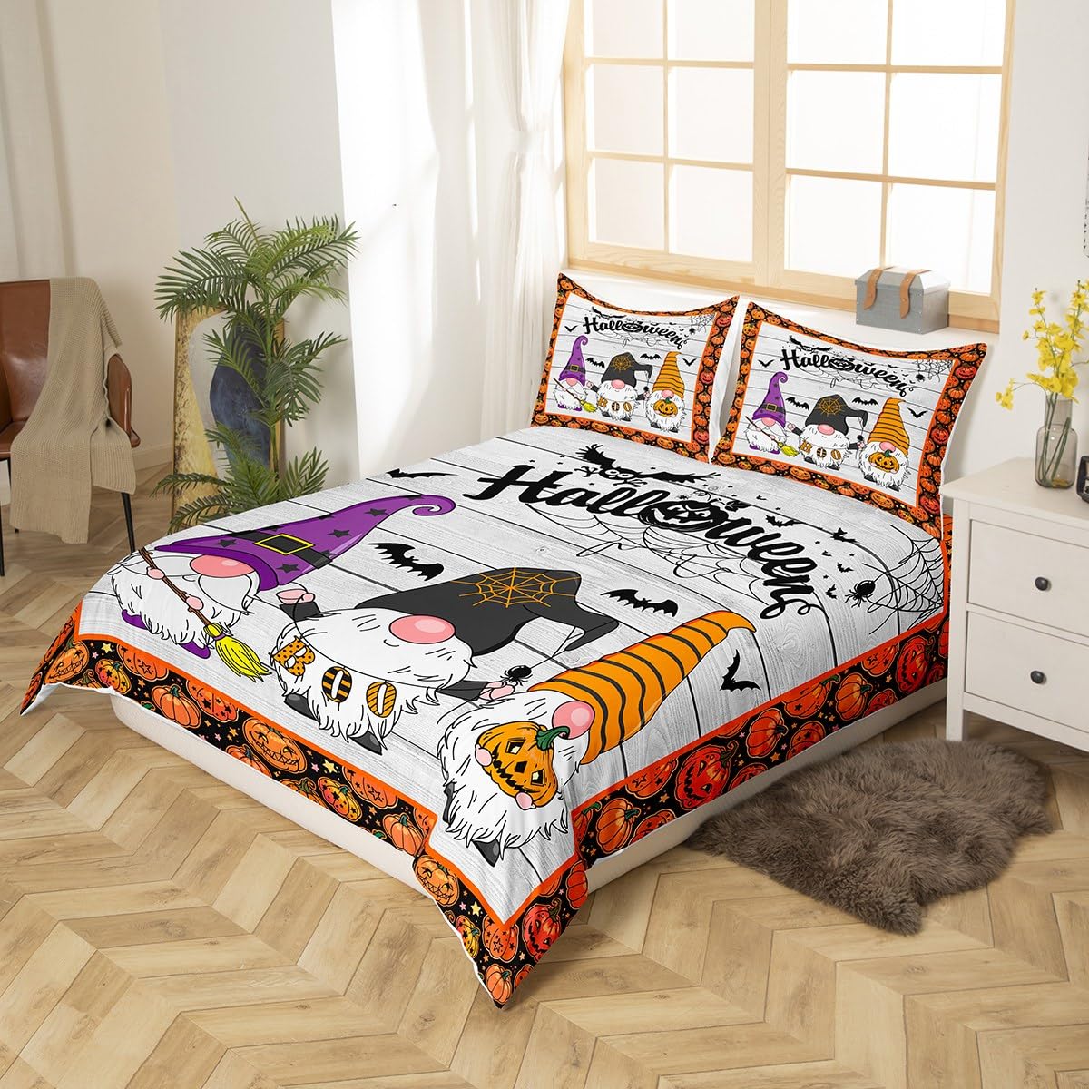 Halloween Gnomes Duvet Cover Set Double Size, Black Spider Web Bats Comforter Cover with 2 Pillowcases - Image 2