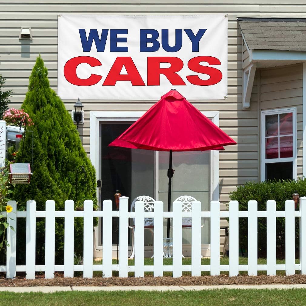 Vinyl Banner Multiple Sizes We Buy Cars Blue Red B Automotive Outdoor Weatherproof Industrial Yard Signs 4 Grommets 16x40Inches