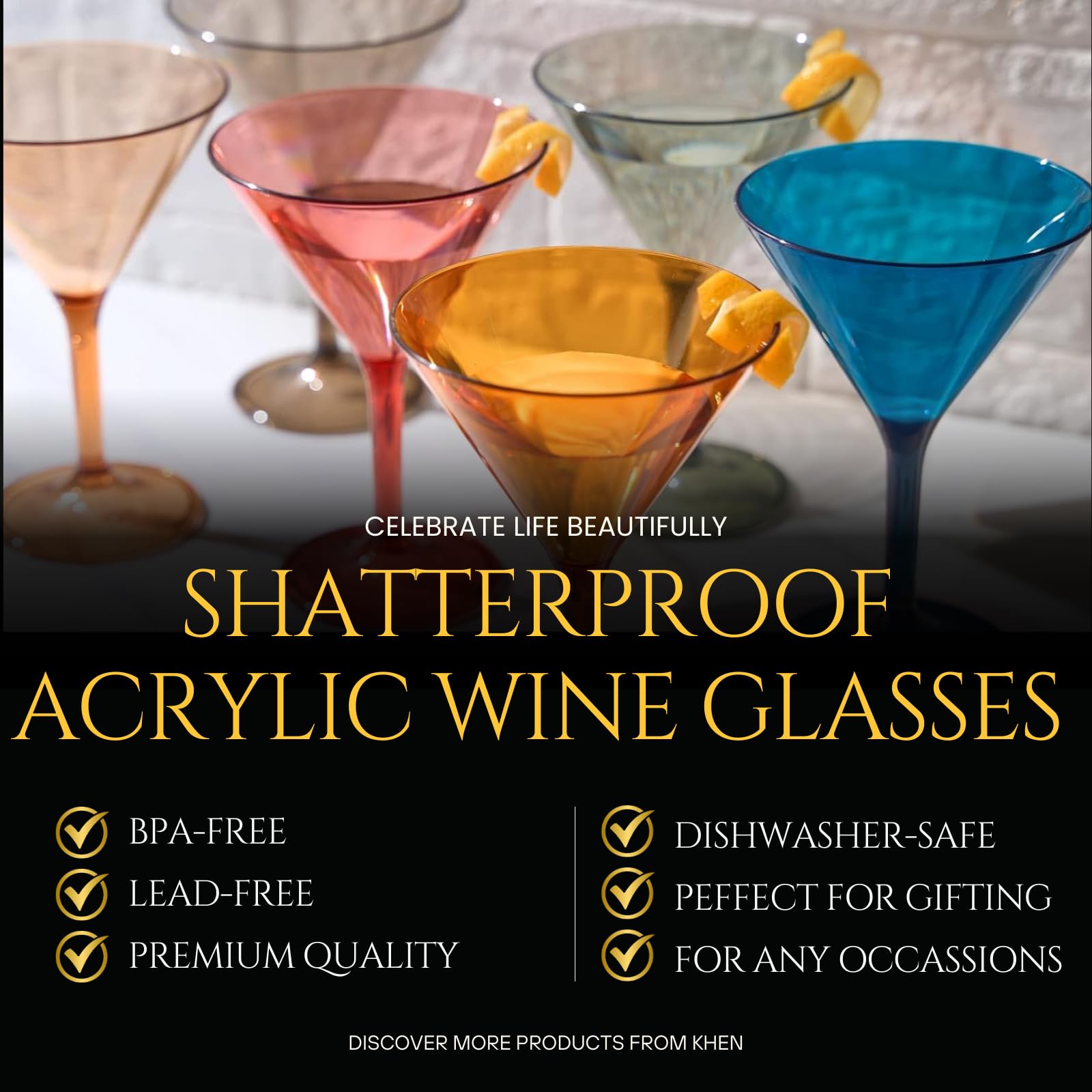 Lot de 6 verres en cristal en plastique de style européen, incassables, pour martini, cocktail | 100% acrylique Tritan incassable, colorés, sans BPA, réutilisables, pour extérieur, piscine et