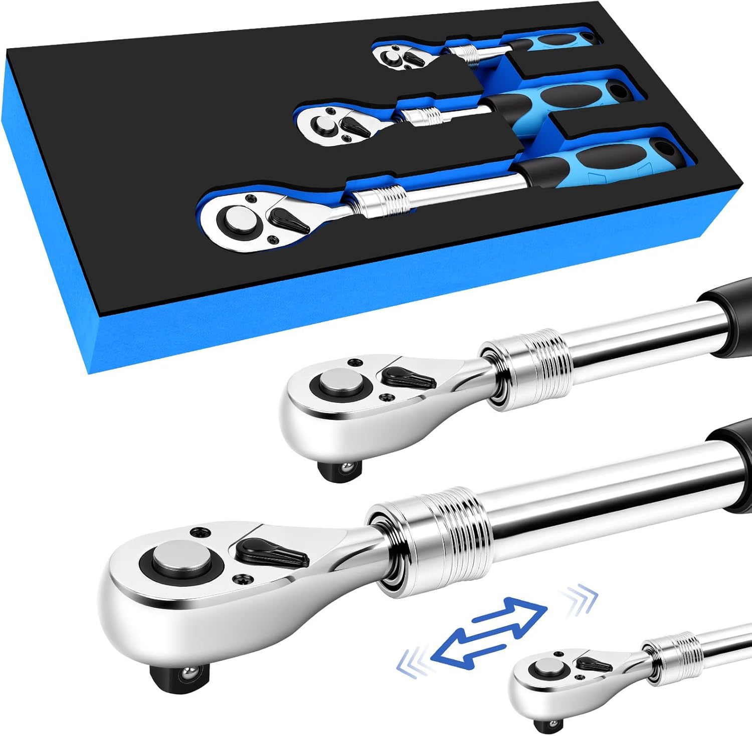 3-Piece Extendable Ratchet Set, 1/4" 3/8" 1/2" Drive 72-Tooth Quick-Release Reversible Socket Wrench with Soft Grip Handle & Storage Tray, CR-V Steel for Auto Repair & DIY