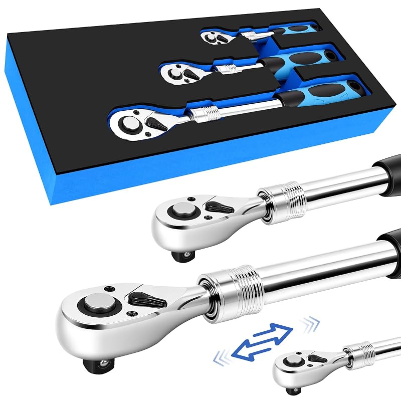 Kit de 3 chaves catraca extensíveis DikTalk com encaixes de 6,35 mm (1/4 pol.), 9,5 mm (3/8 pol.) e 12,7 mm (1/2 pol.), mecanismo de 72 dentes e cabo de pegada macia RP-CT10901