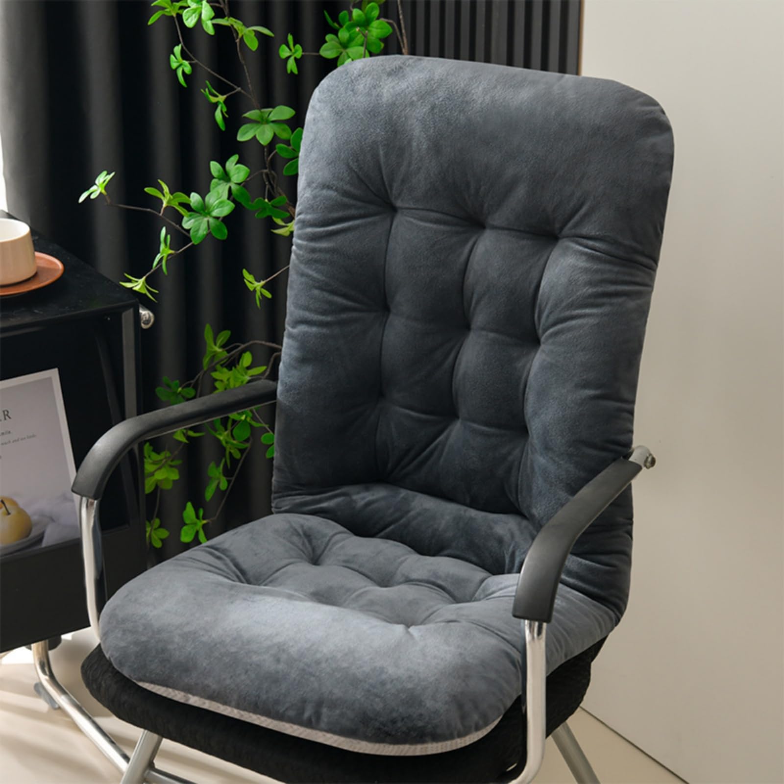Mateju Office Chair Cushion with High Back & Ties, Velvet Soft Garden Rocking Chair Cushions Thick Seat Pads Sun Lounger Cushions for Indoor Outdoor Recliner Patio Sunbed Bench (Dark gray,45x95cm)