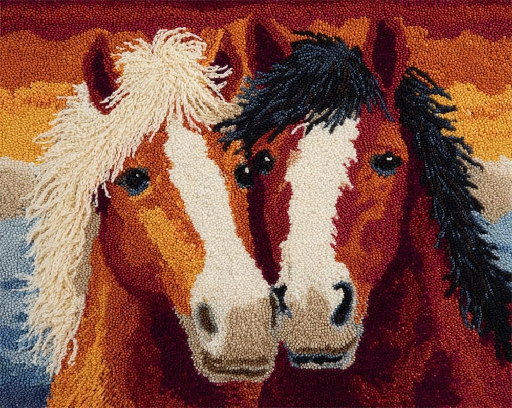 Kitquiver Latch Hook Rug Kits for Adults Two Horses DIY with Printed Canvas Crochet Yarn Handmade Embroidery Crafts Crochet for Home Decoration 15X20In