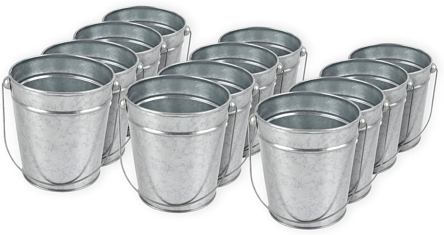 12 Pack Small Galvanized Metal Buckets with Handles, Mini