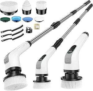 Electric Spin Scrubber,Large Battery & Long Runtime Power Spin Cleaner with 7 Replaceable Brush Heads,IPX7 Waterproof & Adjustable Extension Long Handle,2 Speeds for Bathroom, Shower, Tile, Floor