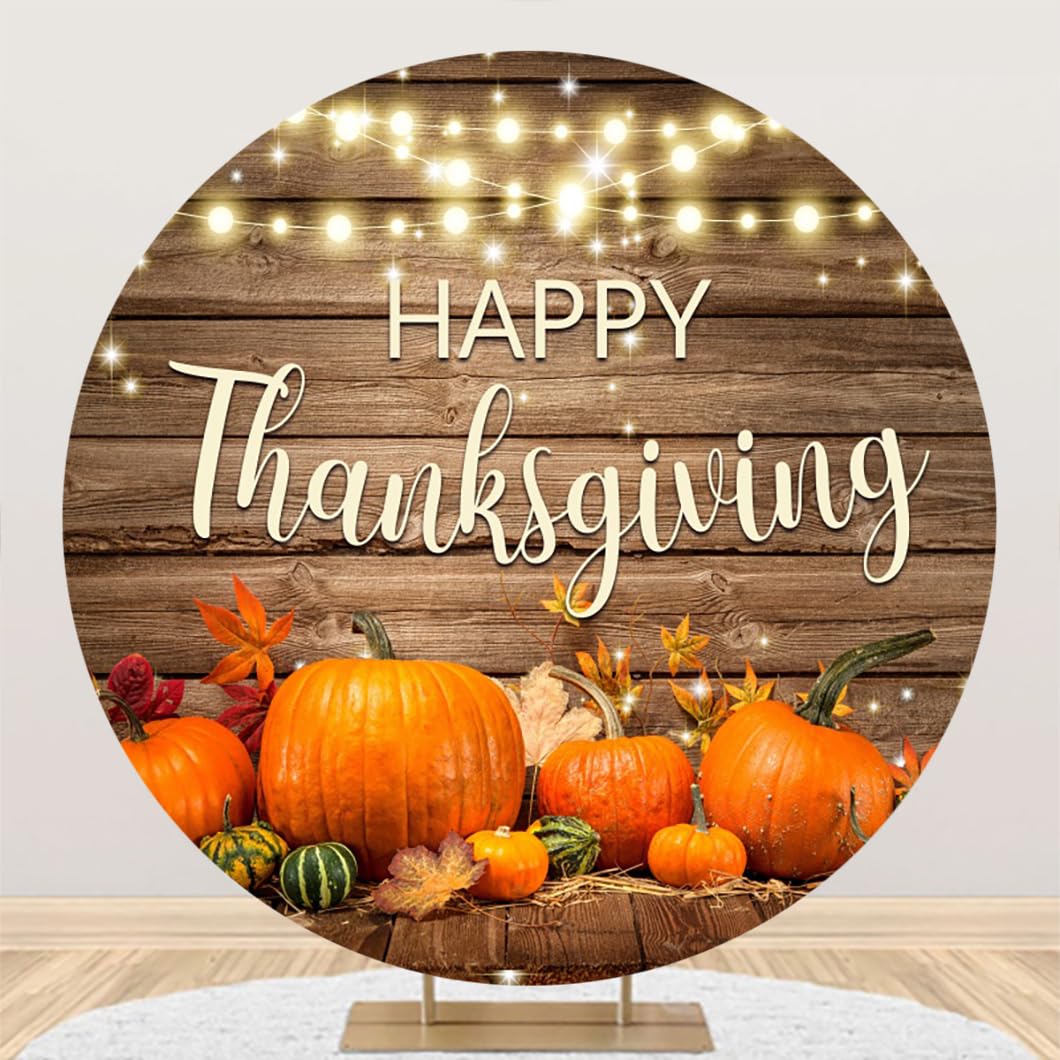 DORCEV Diameter 6.5ft Happy Thanksgiving Round Backdrop Cover Autumn Harvest Pumpkin Rustic Plank Glitter Circle Photography Background for Autumn