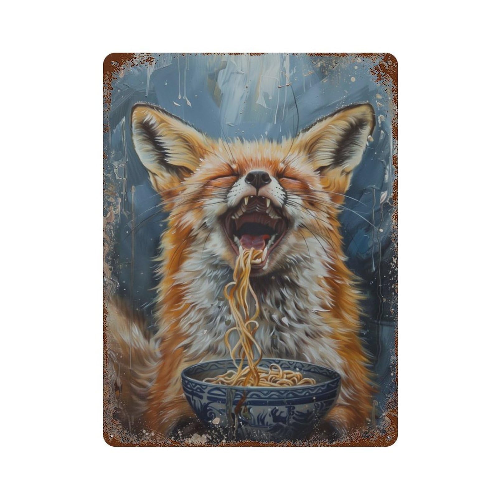 Garage Style Fox Eating Ramen Noodles Aged Metal Wall Plaque 15.7"x11.8", Vintage Wall Decor for Bar And Workshop