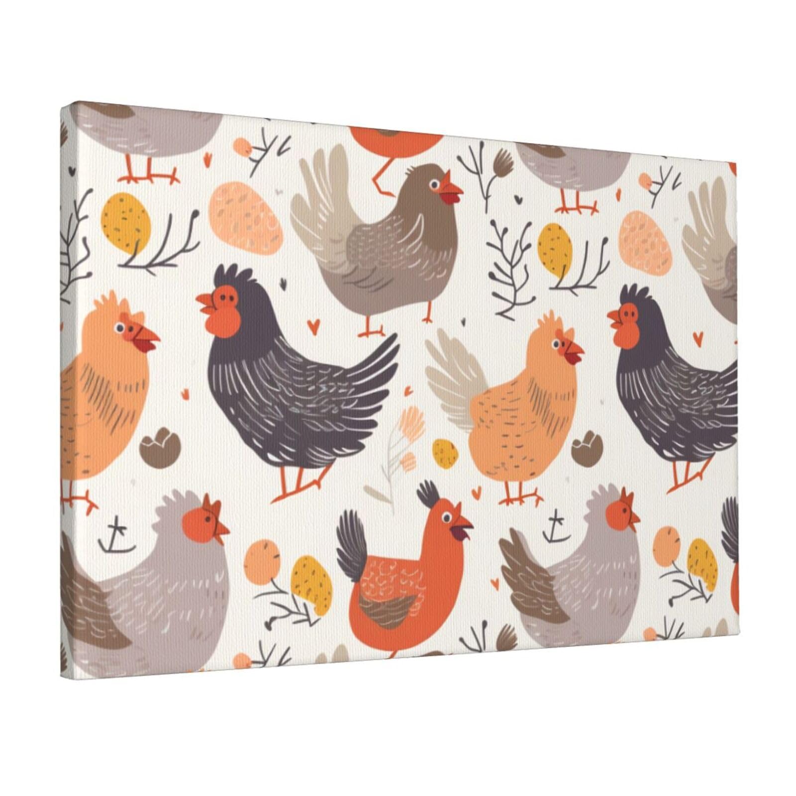 YKLJG Chicken Pattern Printed Wall Art Canvas Prints 45x30 CM Wooden Framed Picture Painting Artwork for Bedroom Kitchen Home Office Decor