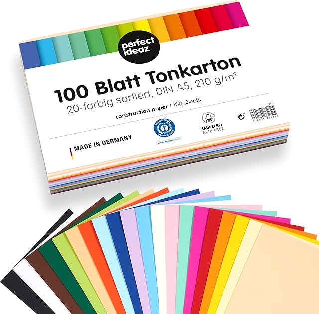 perfect ideaz 100 arkuszy papieru kartonowego DIN-A5, tektura DIY, barwiona w masie, w 20 różnych kolorach, gramatura 210 g/m², arkusze wysokiej jakości